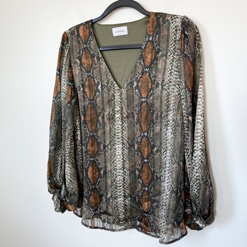Adrienne Snake Print Balloon‎ Sleeve V-Neck Blouse Womens Medium Green Brown - Picture 2 of 8